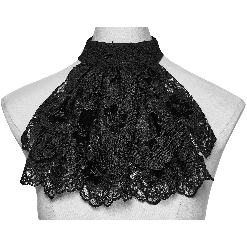 Schwarzer gotischer Spitzen-Jabot-Choker-Kragen mit Rüschenlatz