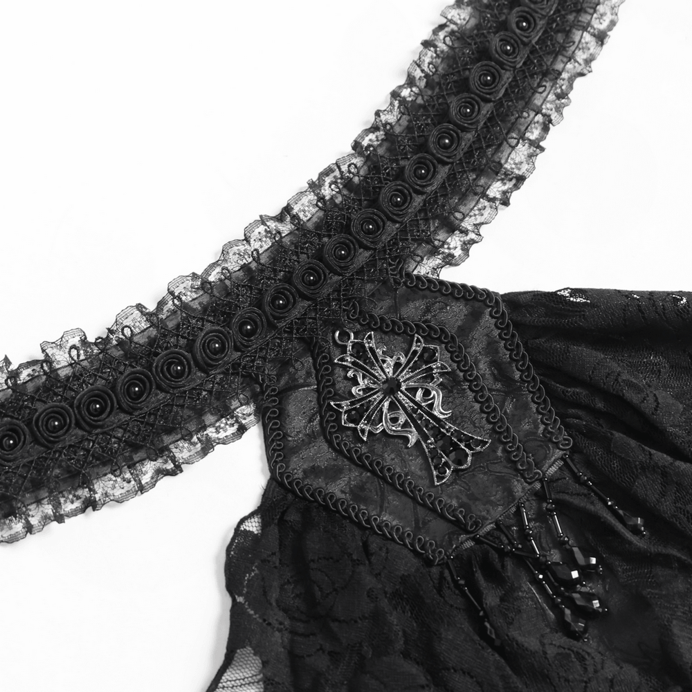 Black Gothic Lace Jabot Choker with Cross Pendant featuring ruffles and beads for dramatic Victorian style.
