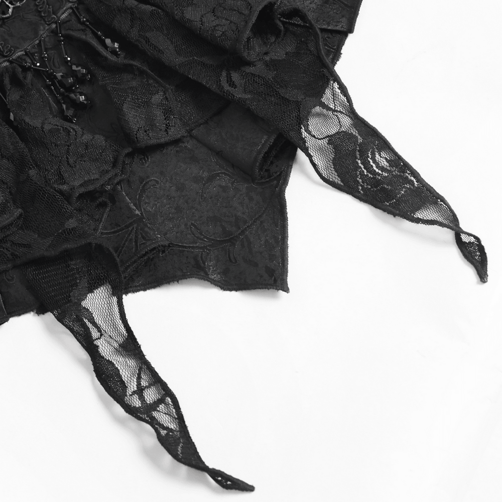 Black Gothic Lace Jabot Choker with Cross Pendant featuring layered ruffles and bead accents.