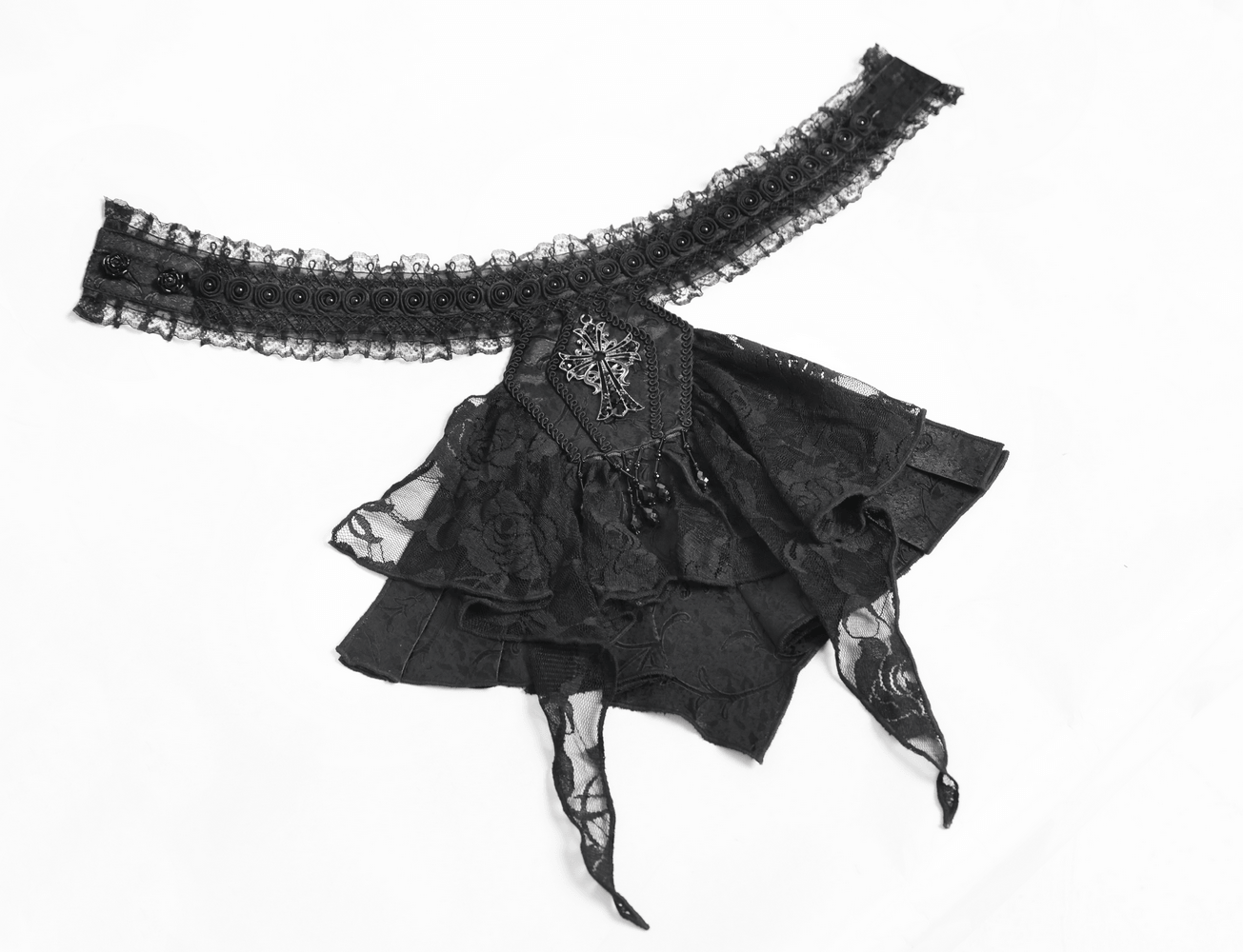 Black Gothic Lace Jabot Choker with Cross Pendant displayed elegantly with ruffles and bead accents.