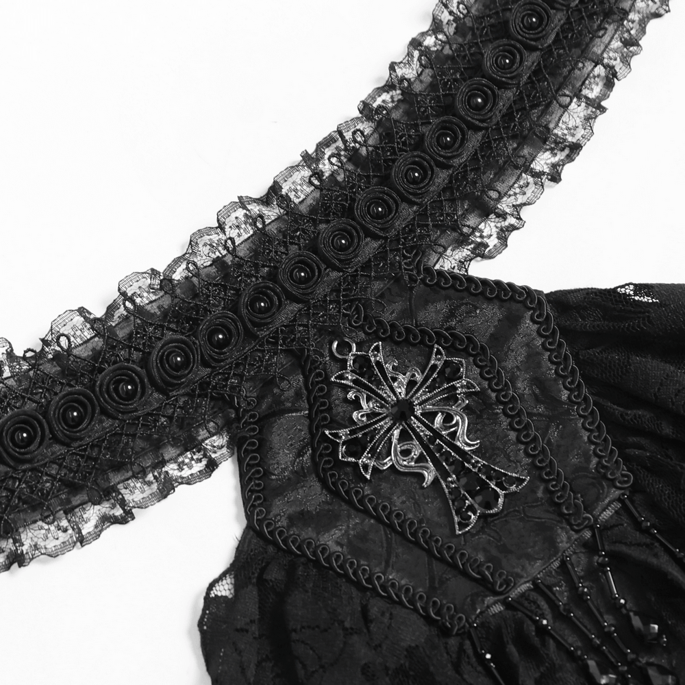 Black Gothic Lace Jabot Choker with Cross Pendant featuring lace trim, layered ruffles, and a cross pendant.