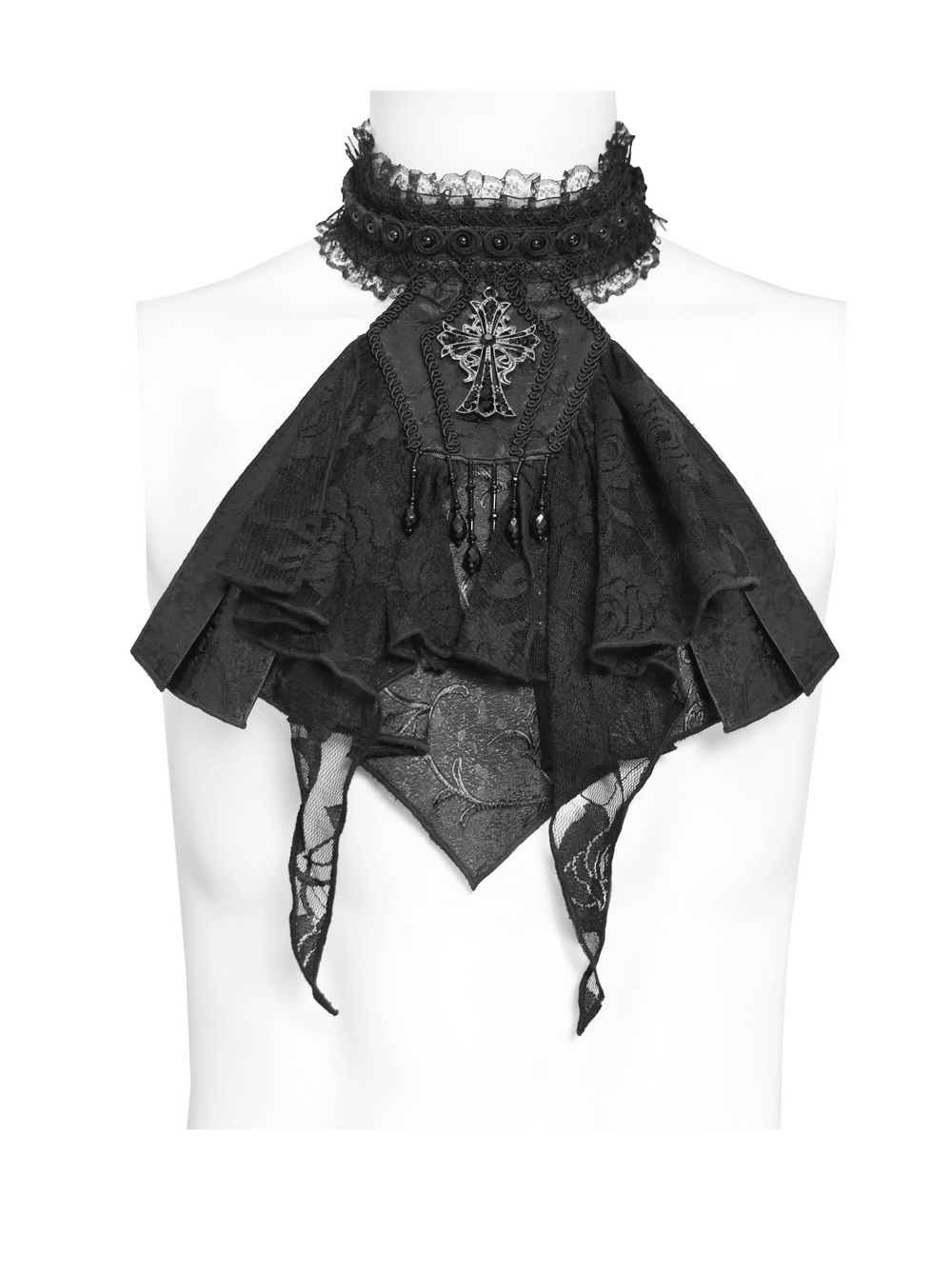 Black Gothic Lace Jabot Choker with Cross Pendant featuring ruffles and bead accents, perfect for dark romantic outfits.