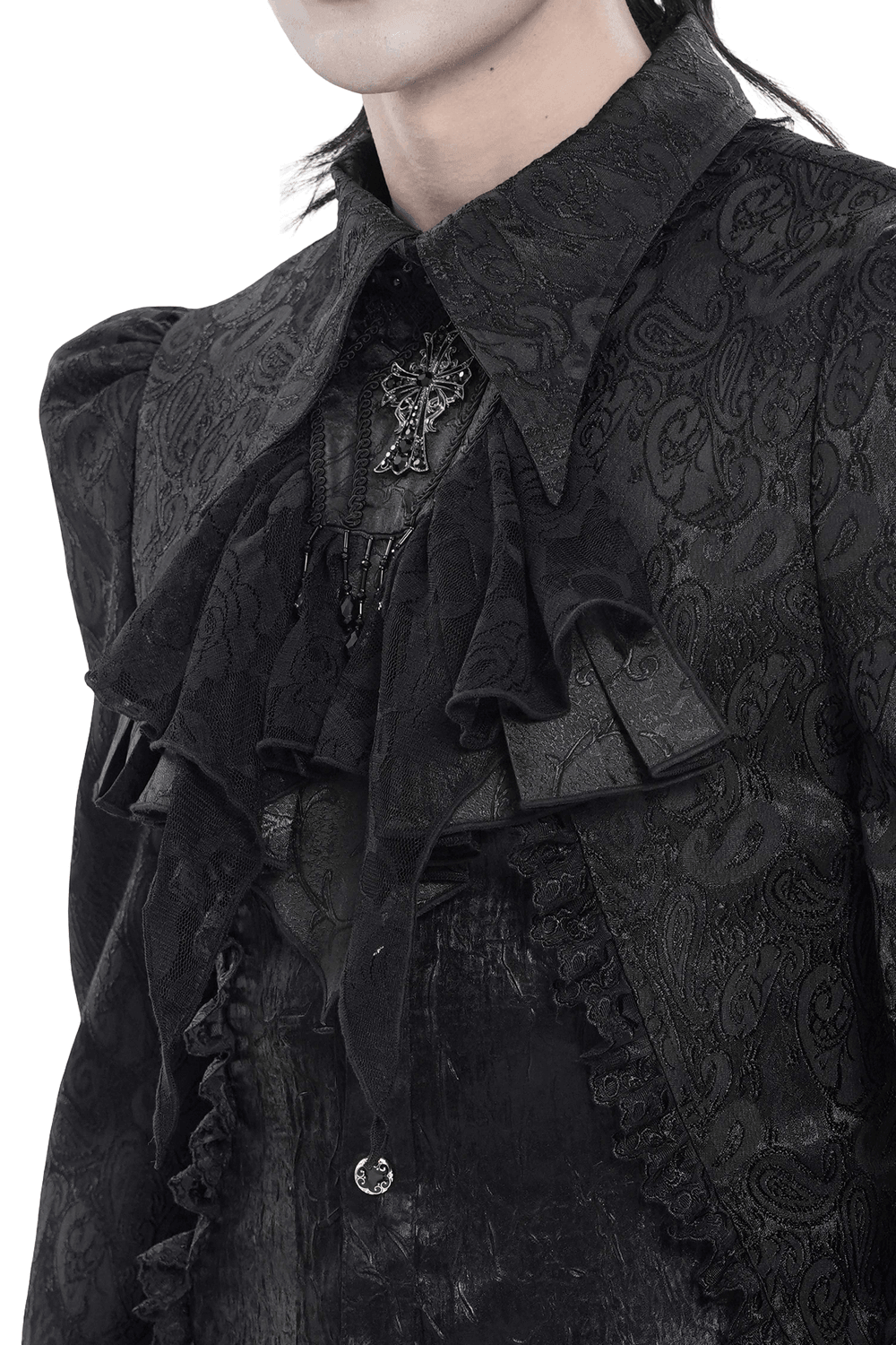 Black Gothic Lace Jabot Choker with Cross Pendant styled over a Victorian dark collar outfit, showcasing ruffles and beads.