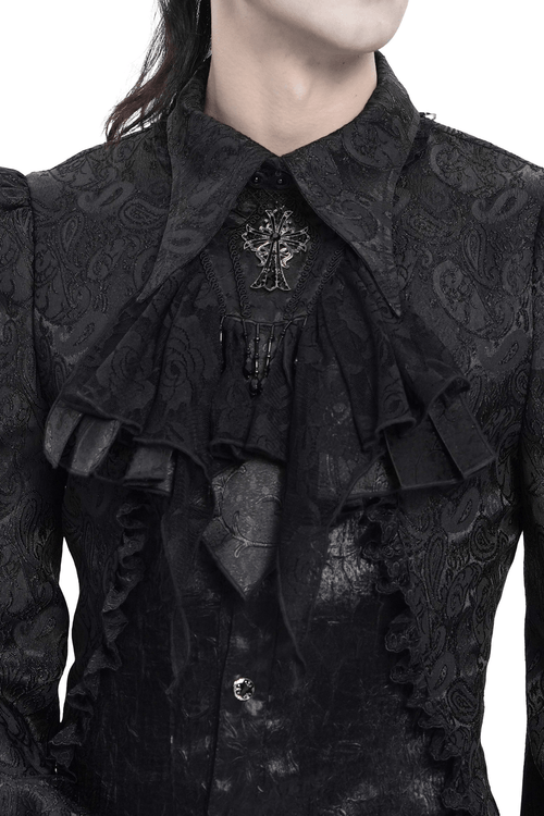Black Gothic Lace Jabot Choker with Cross Pendant