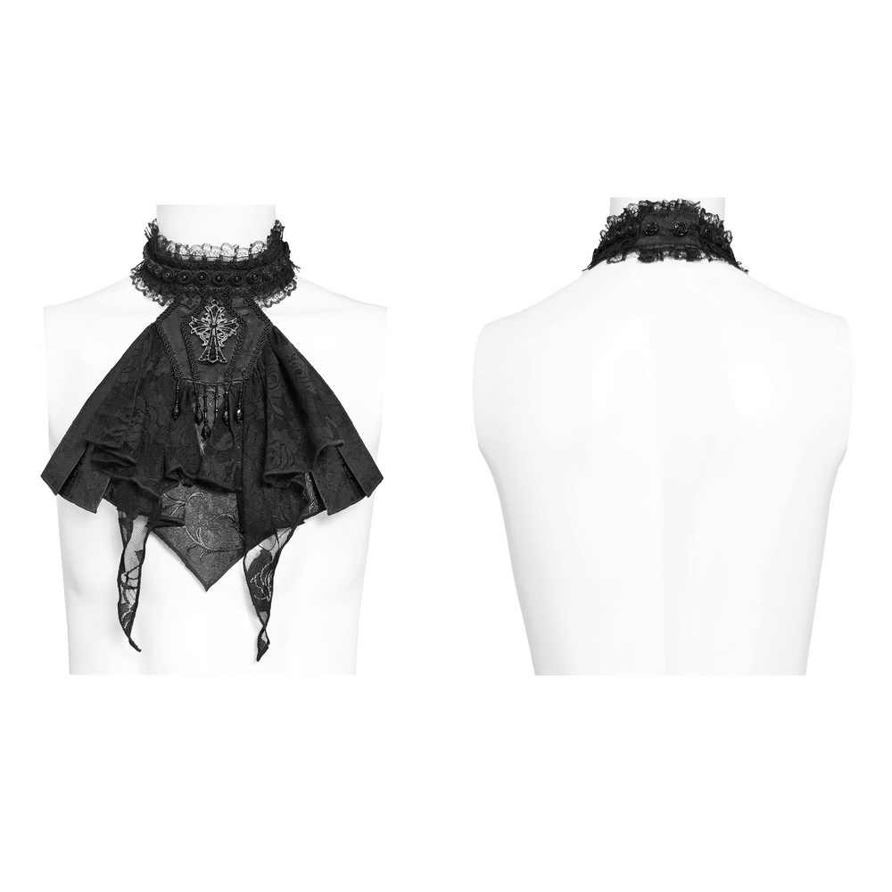 Black Gothic Lace Jabot Choker with Cross Pendant featuring ruffles and a striking metal cross design.