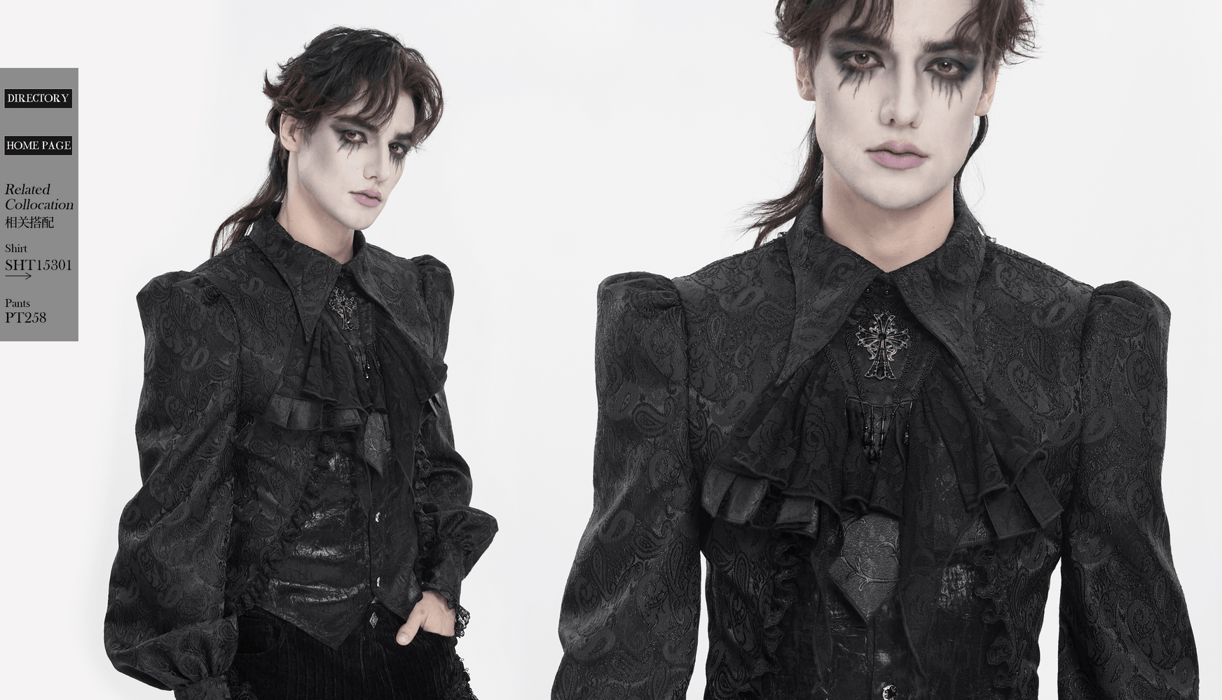 Black Gothic Lace Jabot Choker with Cross Pendant worn with a Victorian-style shirt featuring intricate ruffles and a cross brooch.
