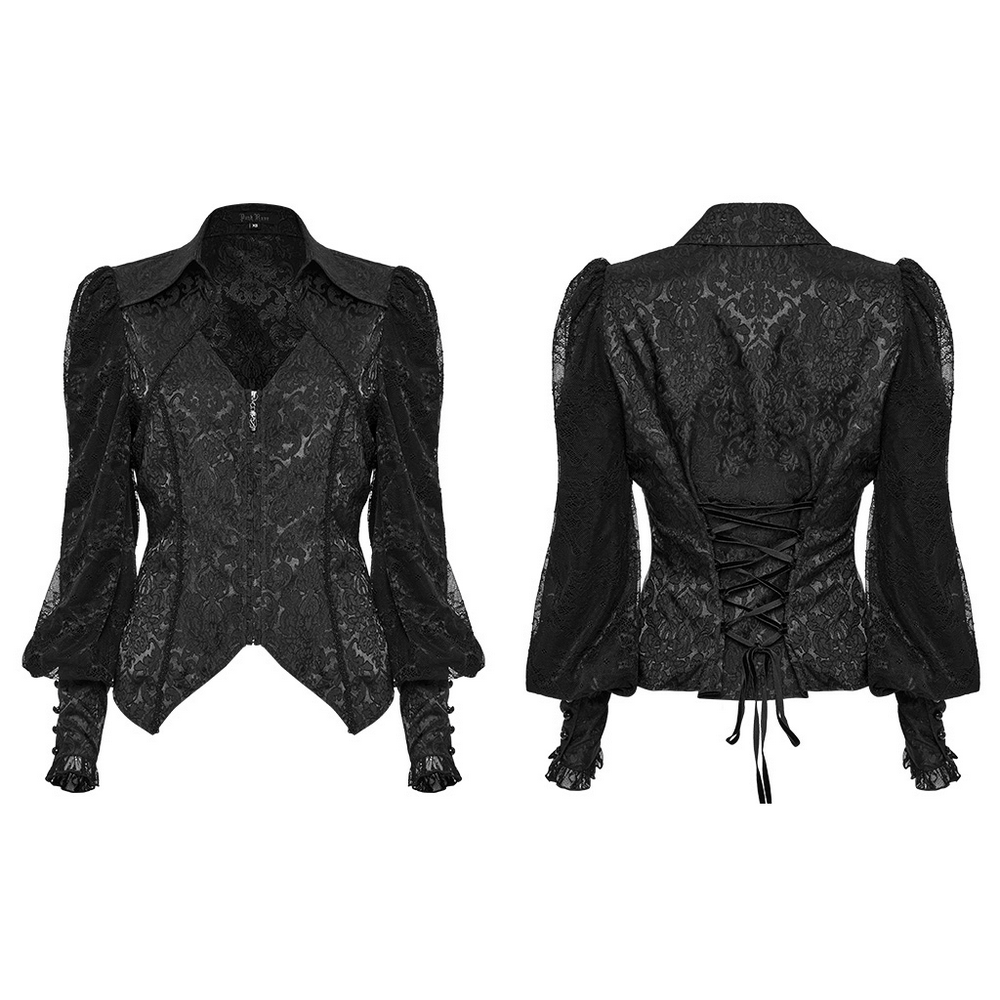 Black gothic lace jacquard blouse featuring corset details and stylish lapel, perfect for a striking look.