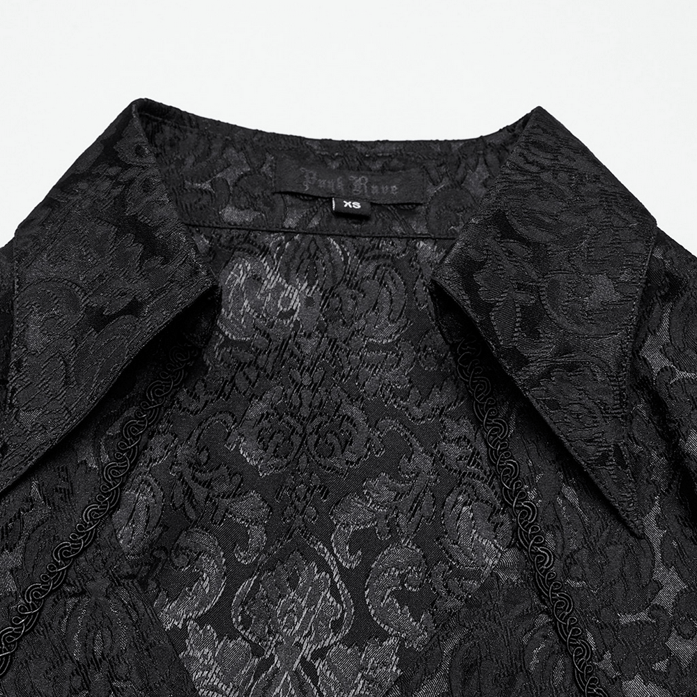 Close-up of a black gothic lace jacquard blouse collar with corset detailing, elegant and stylish.