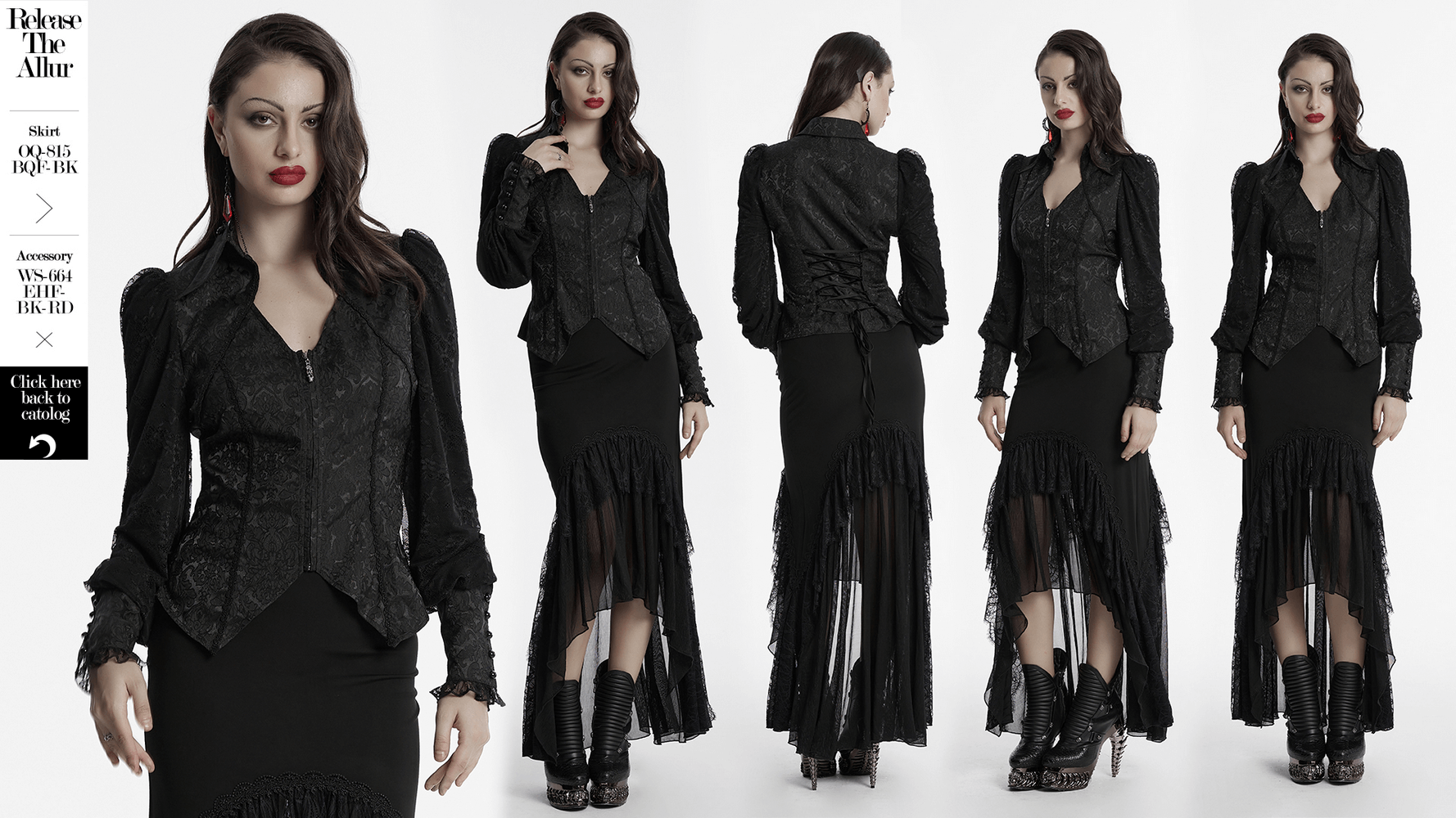 Black gothic lace jacquard blouse with corset and lapel, paired with a flowing skirt, exuding elegance and darkness.