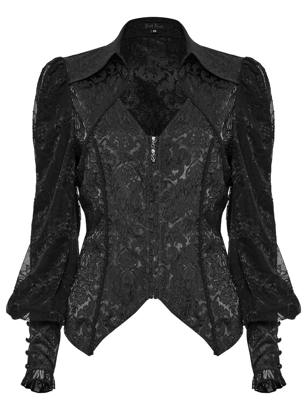 Elegant black gothic lace jacquard blouse featuring a corset and sharp lapel for a striking, fashionable look.