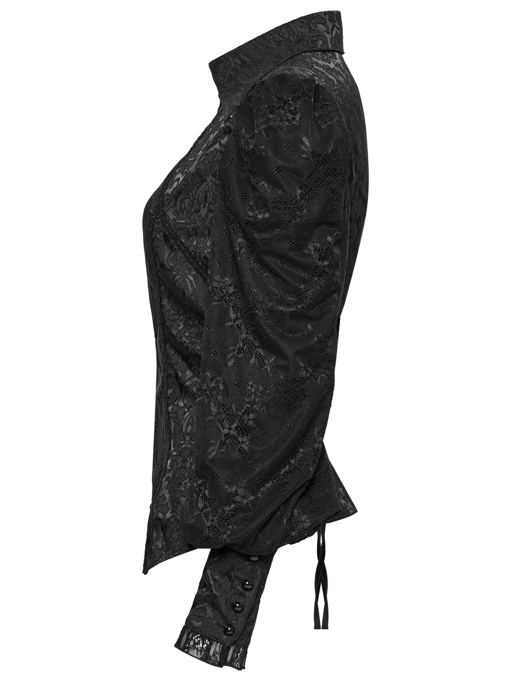 Elegant black gothic lace jacquard blouse featuring a corset and stylish lapel, showcasing intricate detailing.