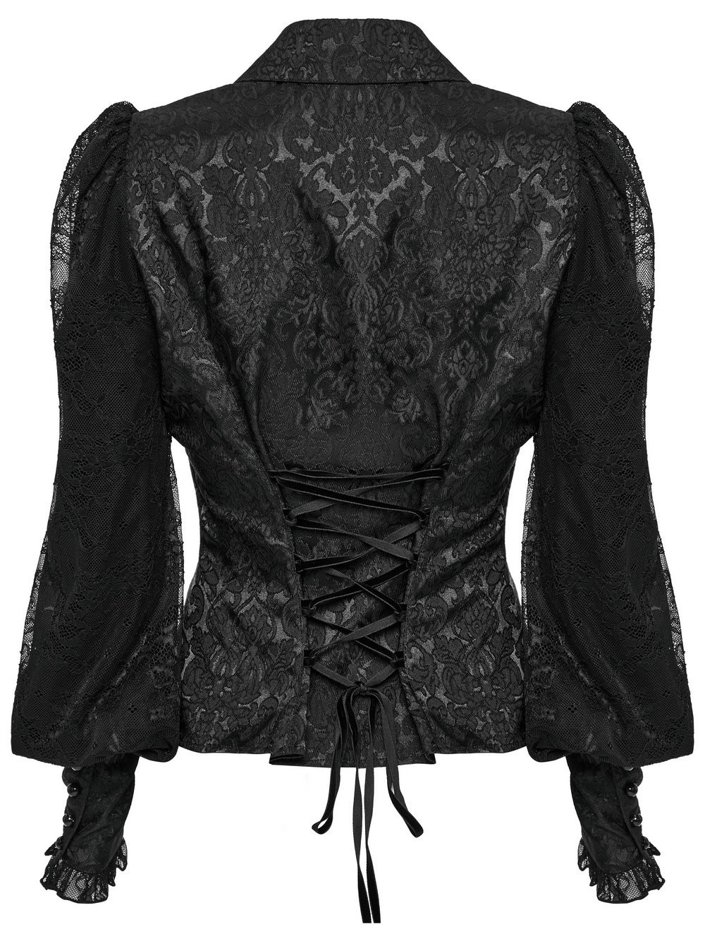 Elegant black Gothic lace jacquard blouse featuring corset design and stylish lapel, perfect for a chic dark aesthetic.