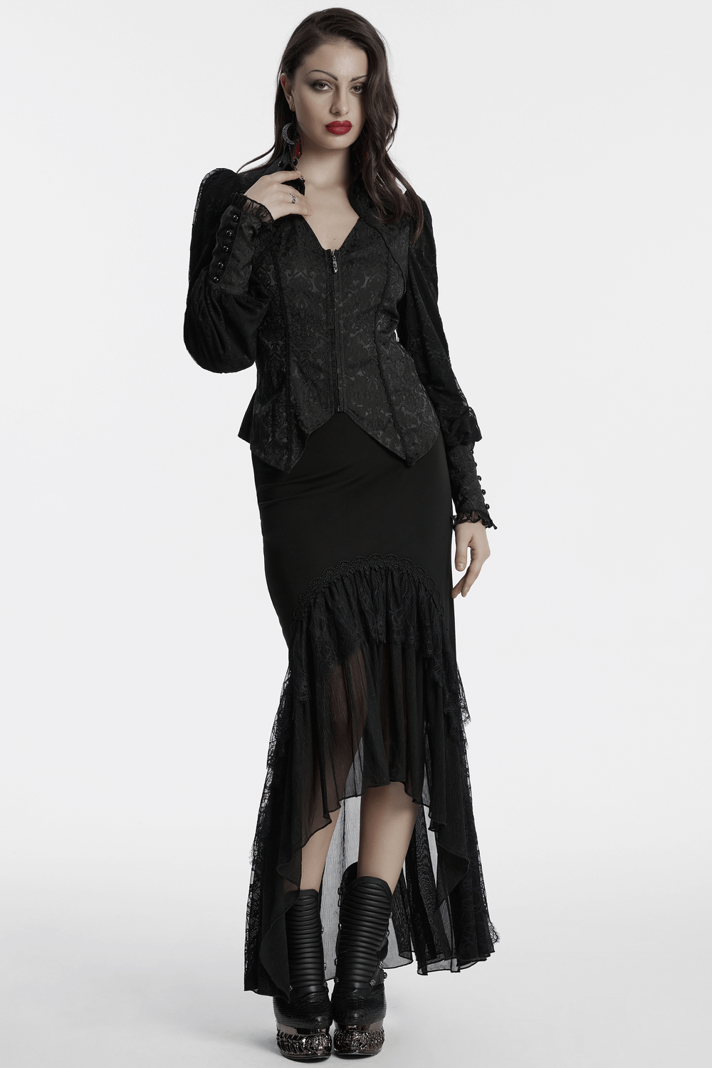 Black Gothic lace blouse with corset and lapel, paired with a draped black skirt, exuding elegance and mystery.