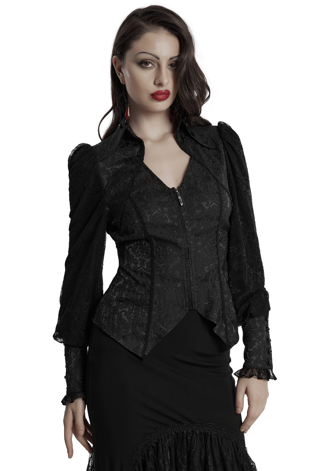 Black gothic lace jacquard blouse with corset and lapel, featuring a stylish zip front and elegant puff sleeves.