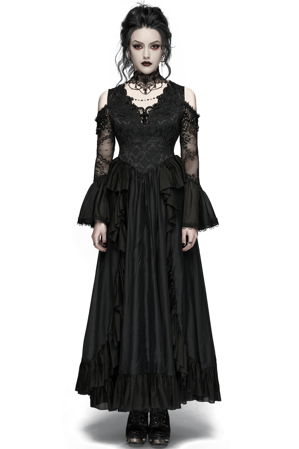 Alt Tag: Black Gothic Lace Maxi Dress with Ruffle Sleeves with sheer lace sleeves, layered ruffle skirt, and crystal pendant detail