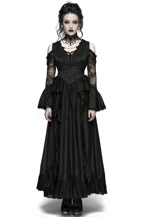 Vestido Maxi de Encaje Gótico Negro con Mangas con Volantes