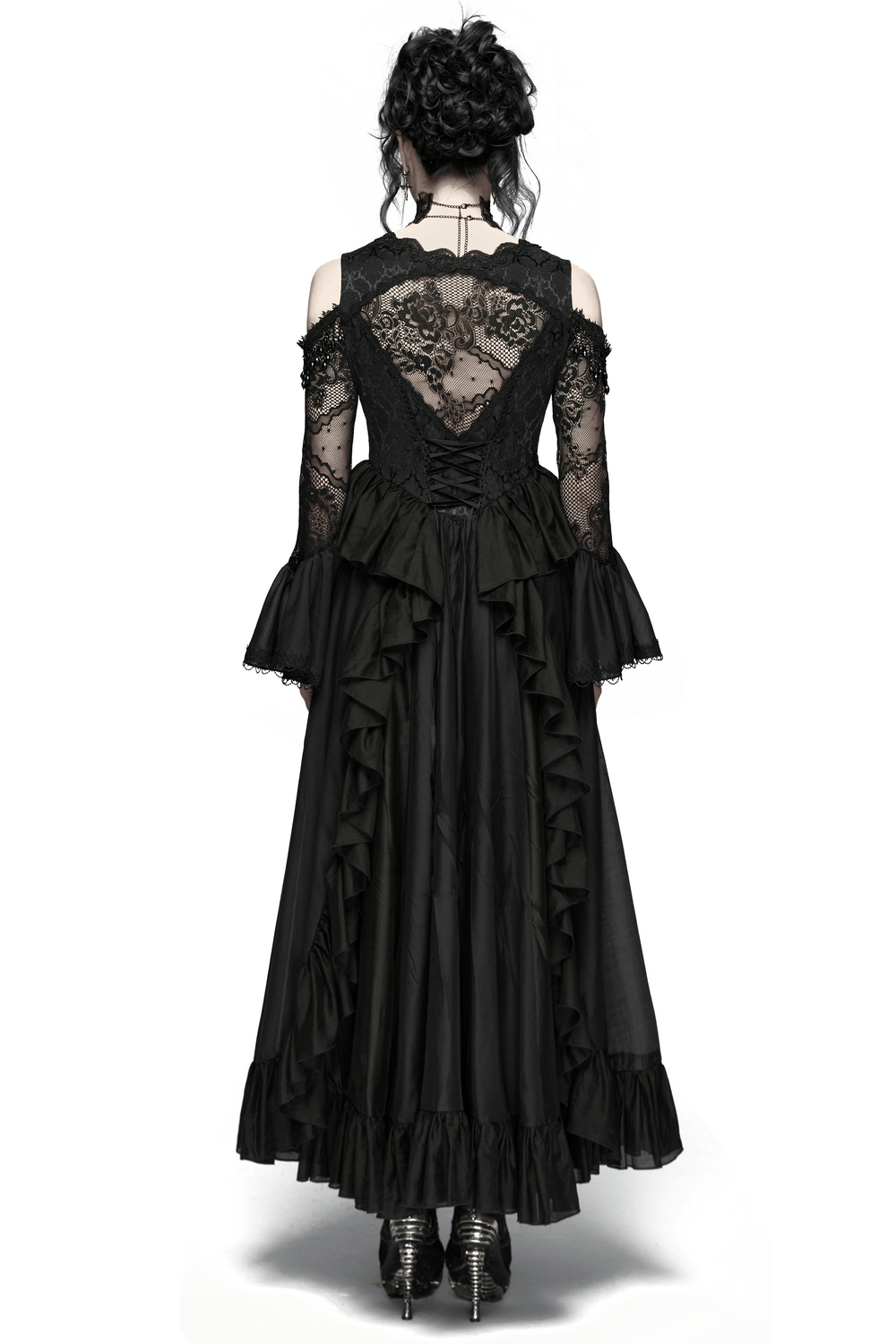 Alt Tag: Black Gothic Lace Maxi Dress with Ruffle Sleeves back view, sheer lace sleeves, ruffled skirt, gothic fairy maxi dress