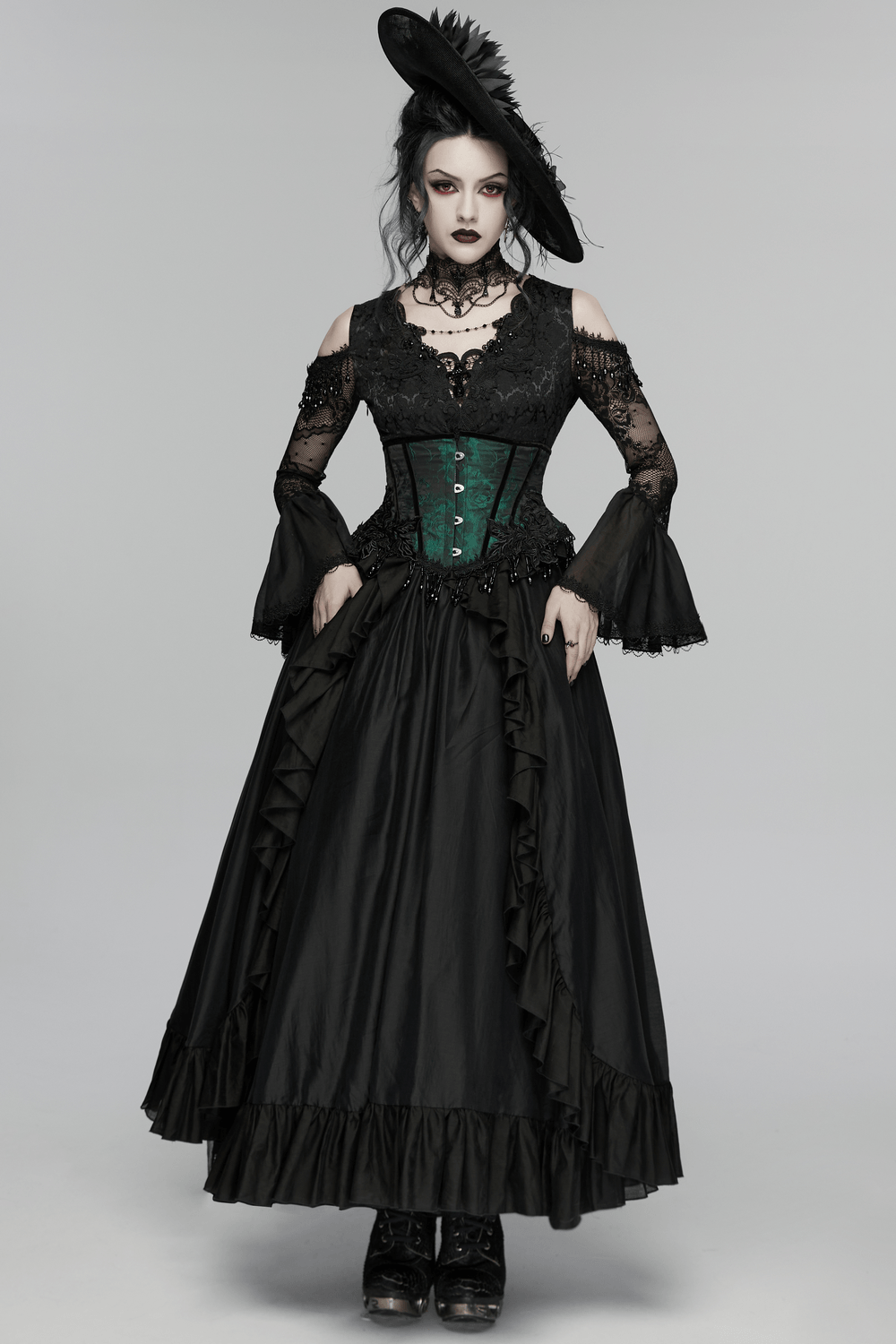 Alt Tag: Black Gothic Lace Maxi Dress with Ruffle Sleeves featuring sheer lace sleeves, ruffle skirt, corset waist and crystal pendant vibe