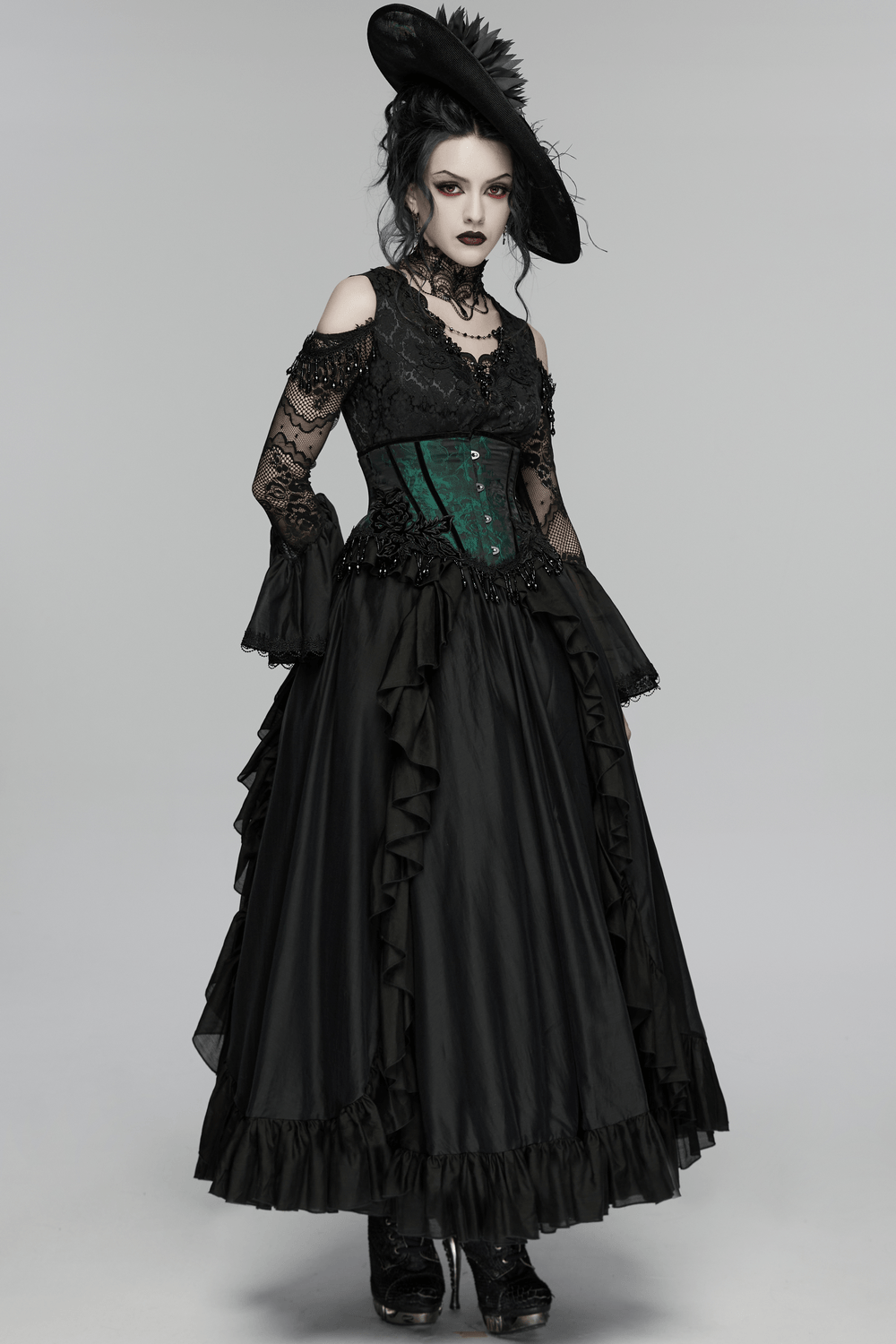 Black Gothic Lace Maxi Dress with Ruffle Sleeves, sheer lace sleeves and ruffled skirt gothic fairy maxi dress with corset waist