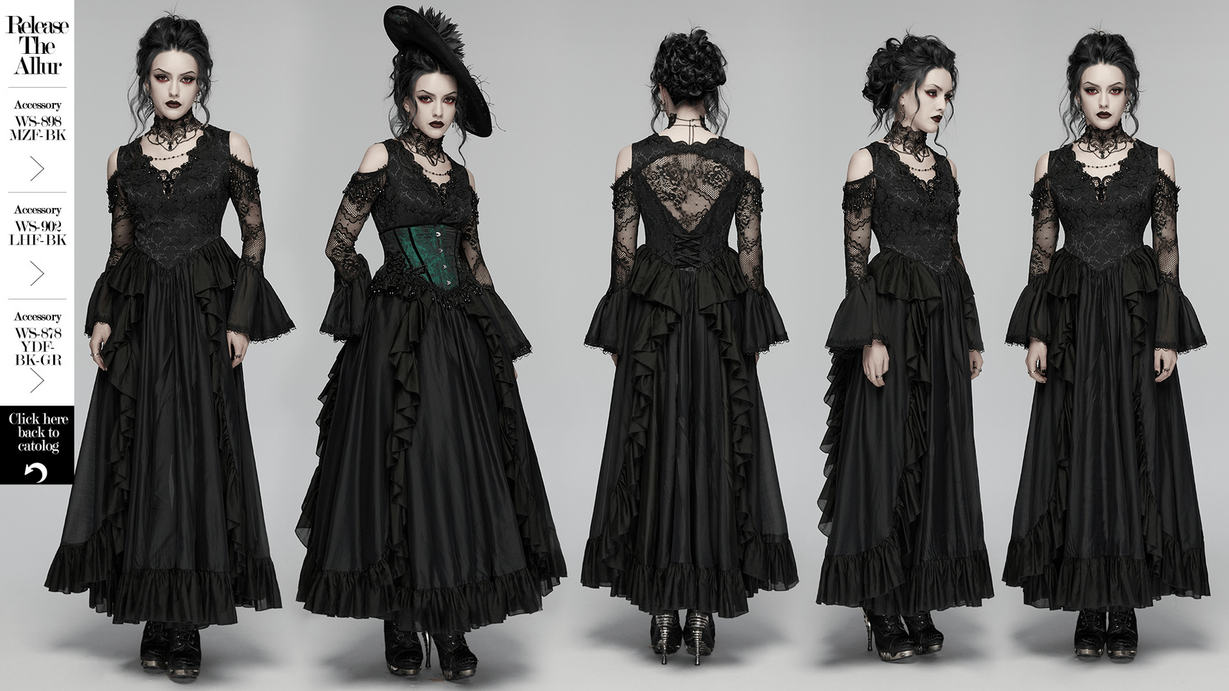 Black Gothic Lace Maxi Dress with Ruffle Sleeves with sheer lace sleeves, layered ruffle skirt, crystal pendant accents, transparent back