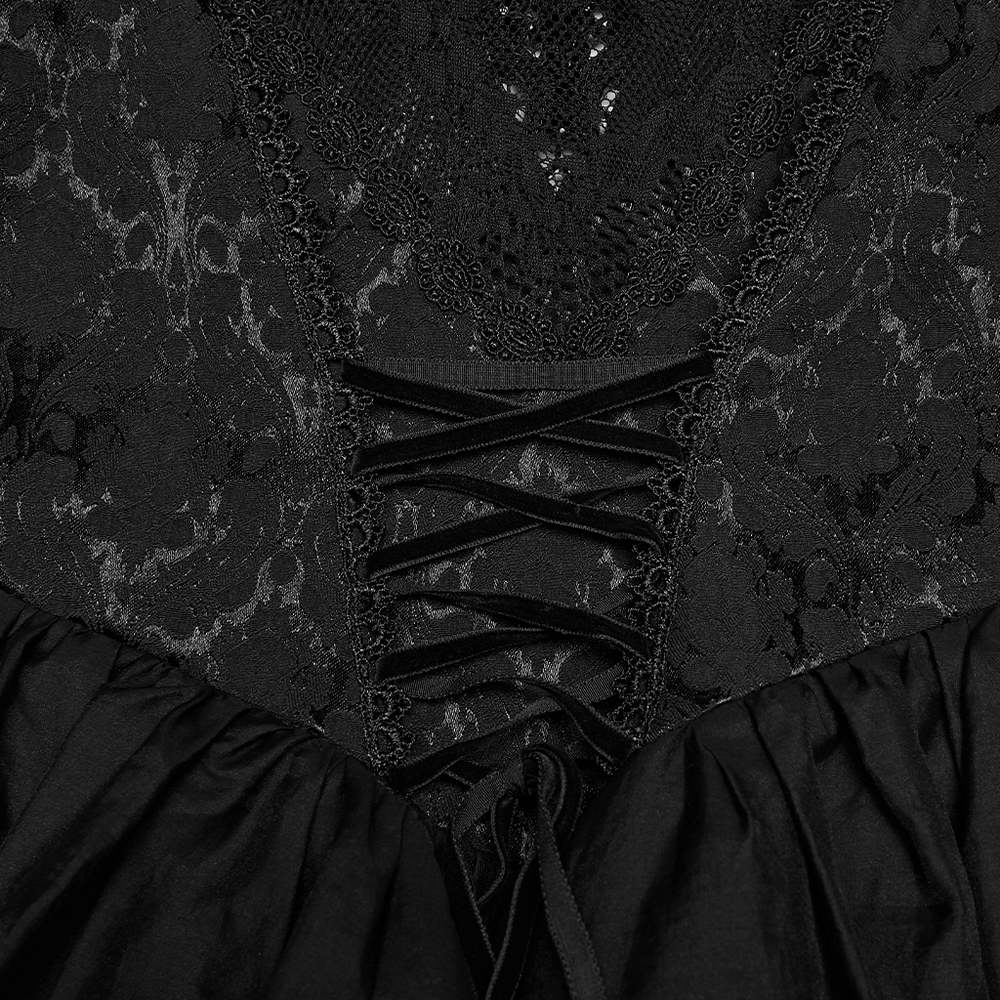 Alt Tag: Black Gothic Lace Maxi Dress with Ruffle Sleeves close-up of lace-up bodice, jacquard fabric and lace trim detailing