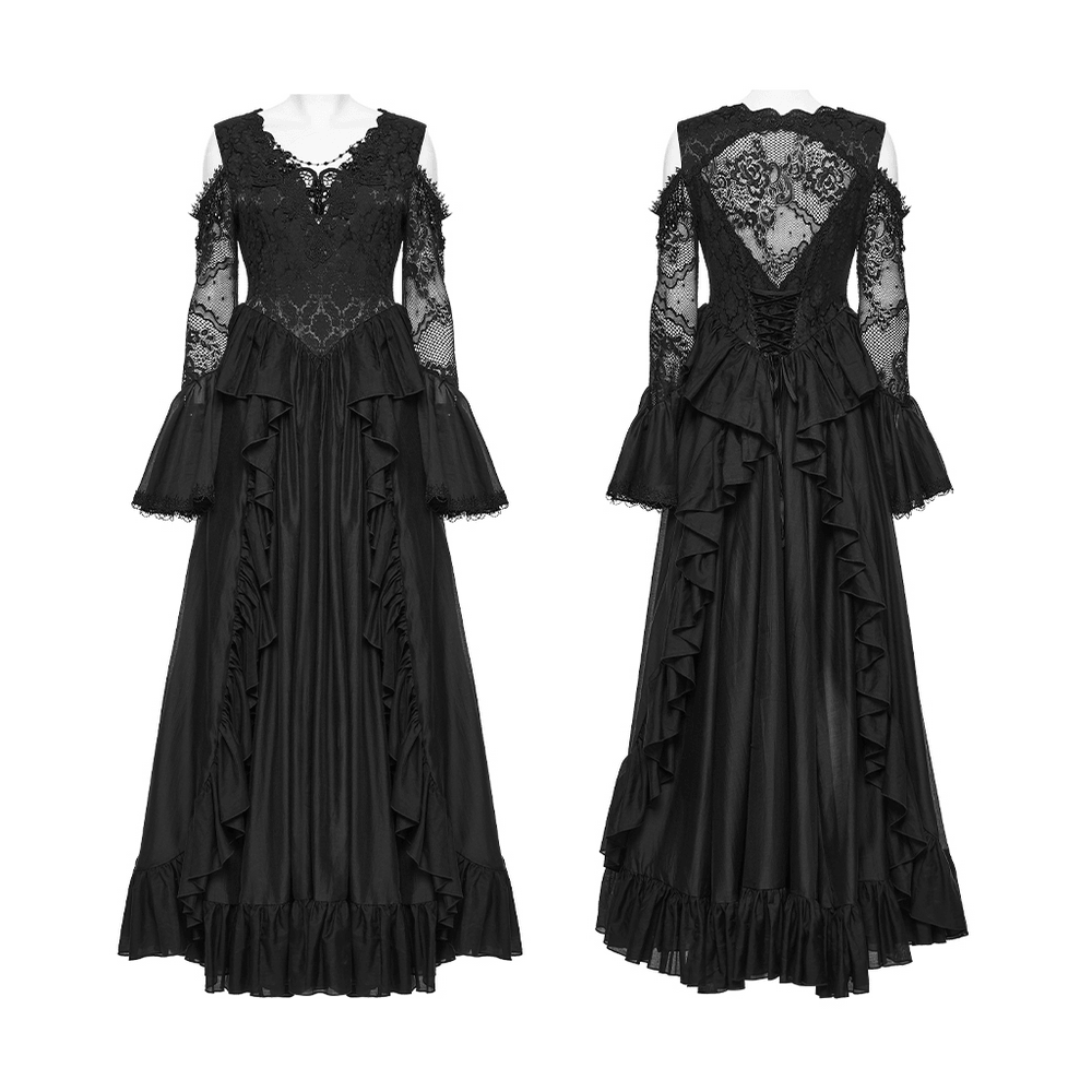 Black Gothic Lace Maxi Dress with Ruffle Sleeves, sheer lace sleeves, ruffle skirt, corset back, crystal pendant detail, front and back view