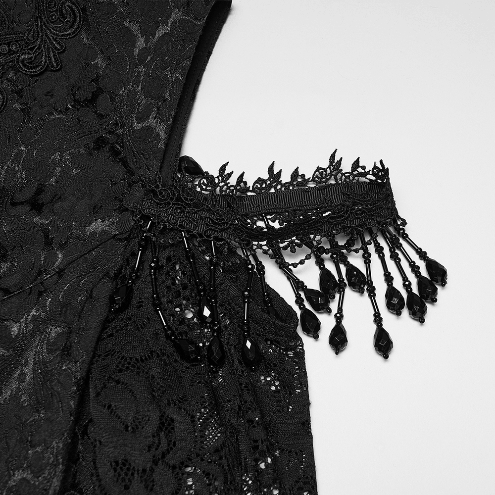 Alt Tag: Black Gothic Lace Maxi Dress with Ruffle Sleeves close-up of black jacquard lace bodice with beaded fringe trim and sheer detailing