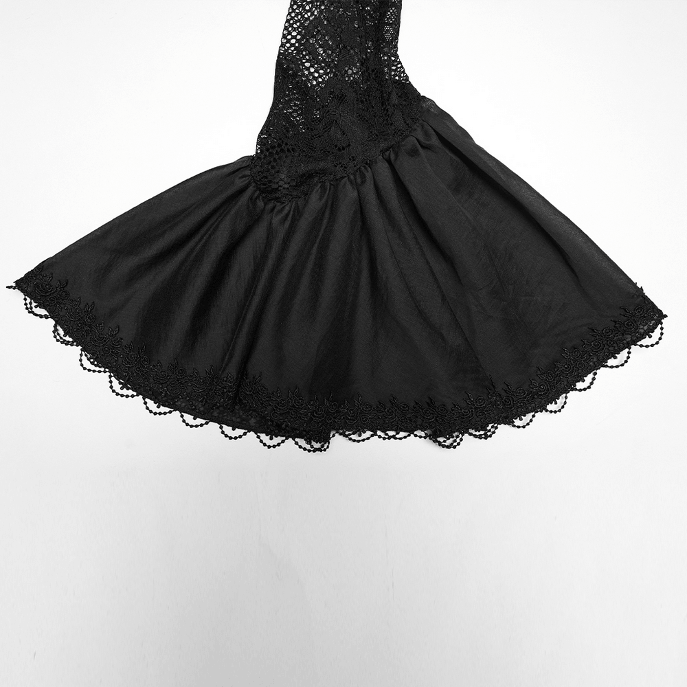 Alt Tag: Black Gothic Lace Maxi Dress with Ruffle Sleeves twirling skirt close-up, scalloped lace hem and gothic fairy vibe