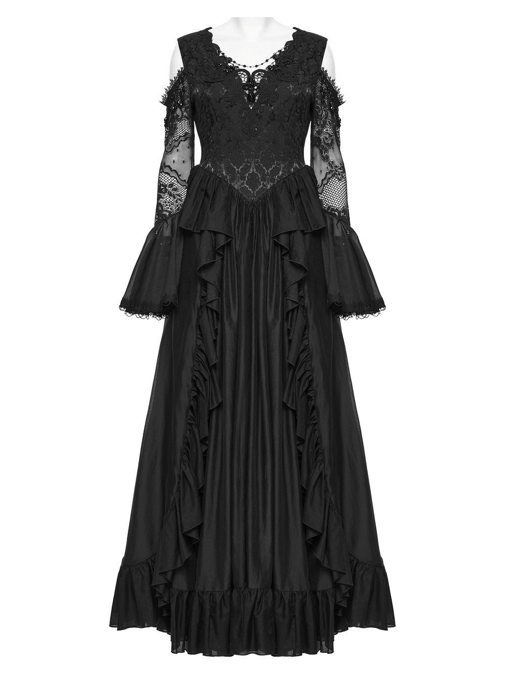 Alt Tag: Black Gothic Lace Maxi Dress with Ruffle Sleeves featuring sheer lace sleeves, ruffle skirt, crystal pendant bodice, transparent back