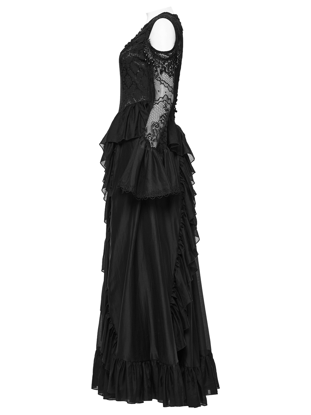Alt Tag: Black Gothic Lace Maxi Dress with Ruffle Sleeves featuring sheer lace sleeves, layered ruffle skirt and transparent back, side view