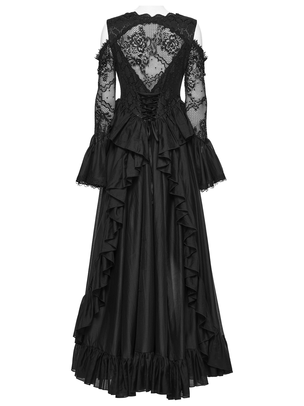 Black Gothic Lace Maxi Dress with Ruffle Sleeves with sheer lace sleeves, transparent back, layered ruffle skirt and crystal pendant accents