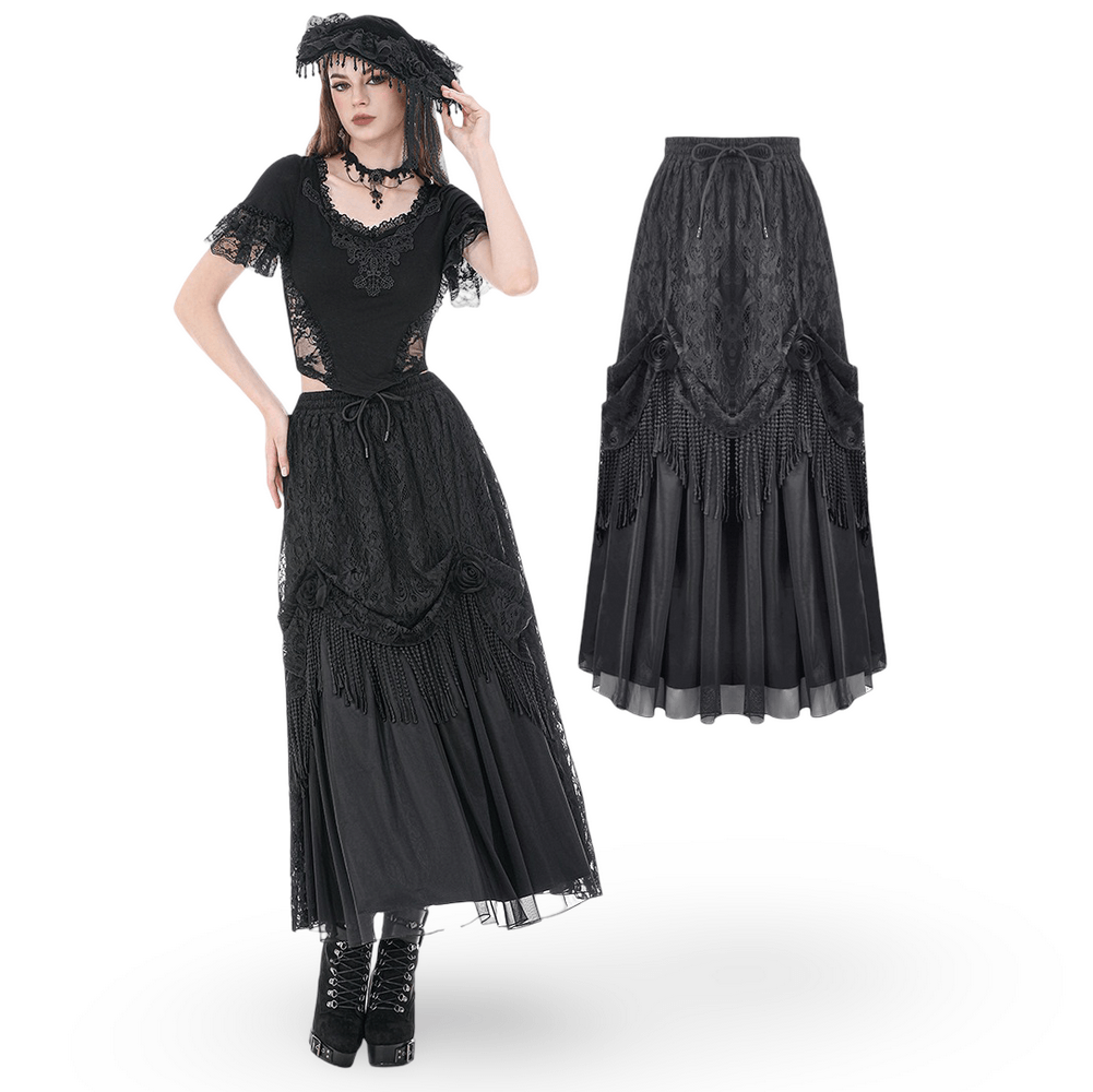Black Gothic Lace Maxi Skirt With Beaded Fringe
