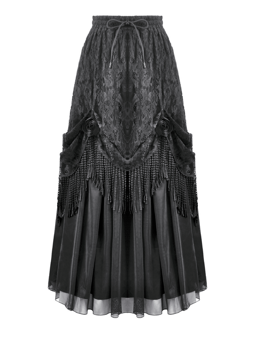Black Gothic Lace Maxi Skirt With Beaded Fringe