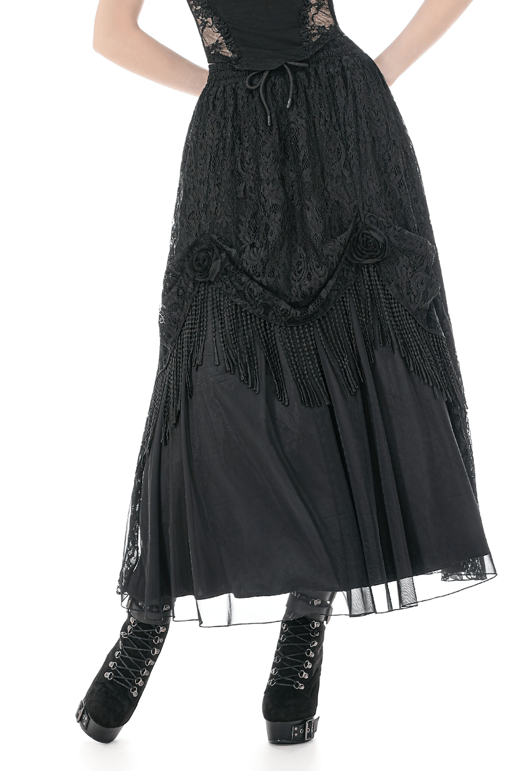 Black Gothic Lace Maxi Skirt With Beaded Fringe