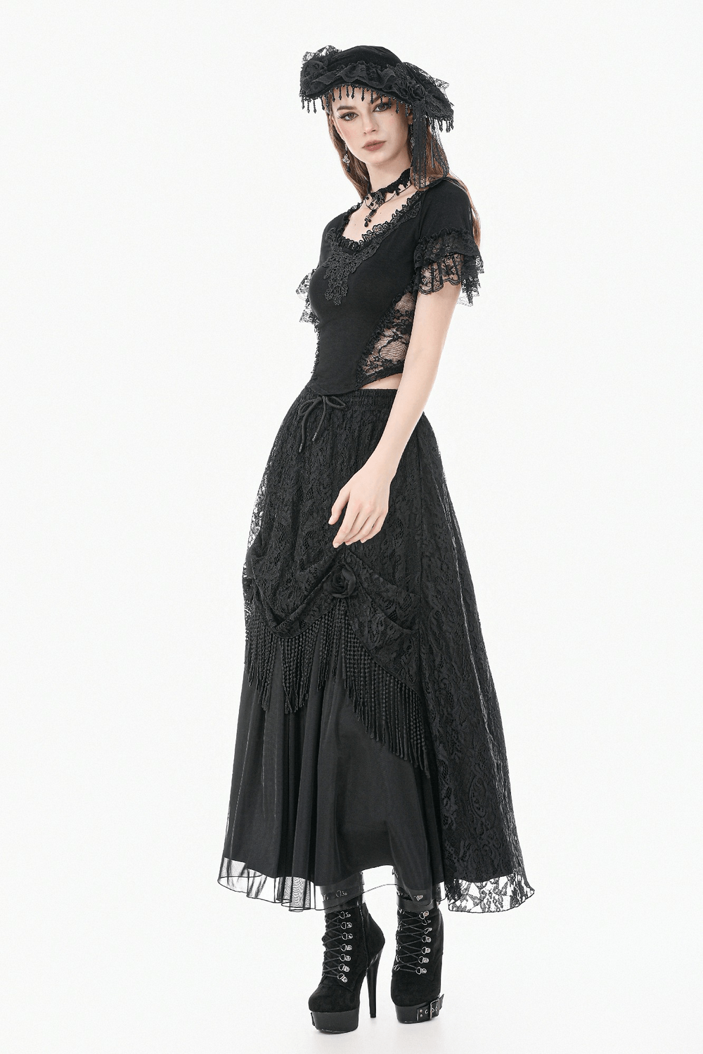 Black Gothic Lace Maxi Skirt With Beaded Fringe
