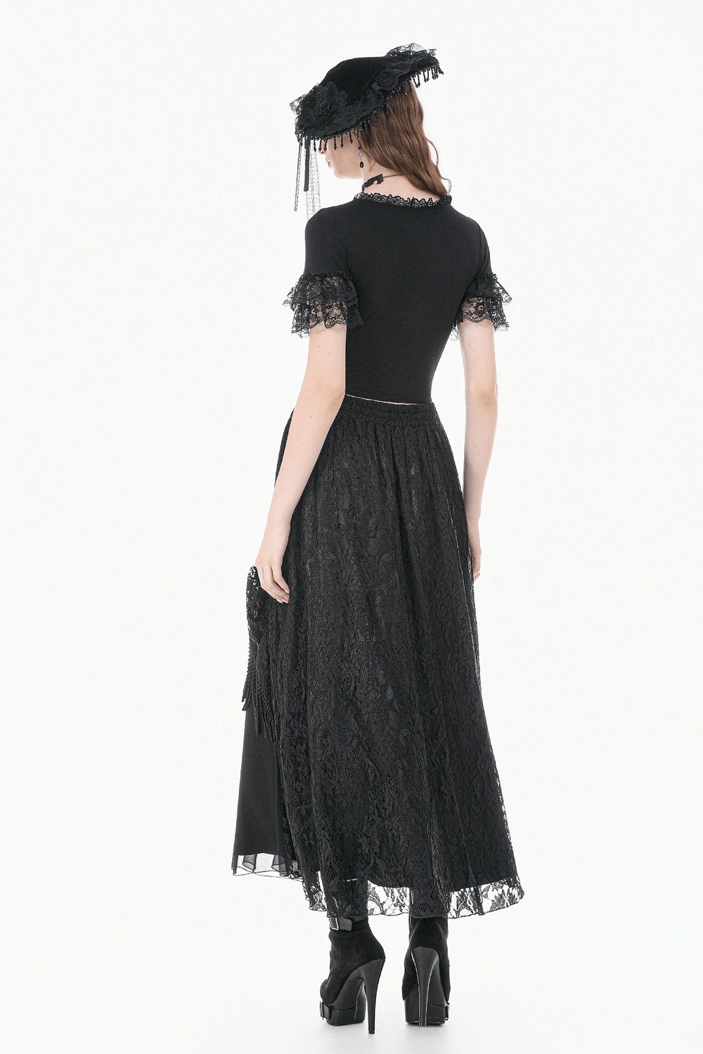 Black Gothic Lace Maxi Skirt With Beaded Fringe