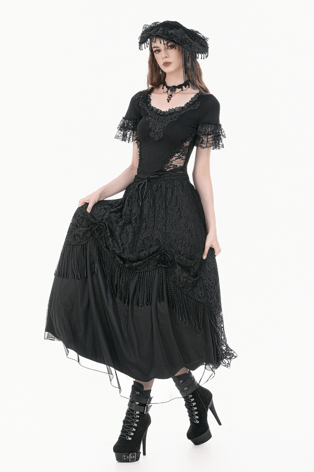 Black Gothic Lace Maxi Skirt With Beaded Fringe