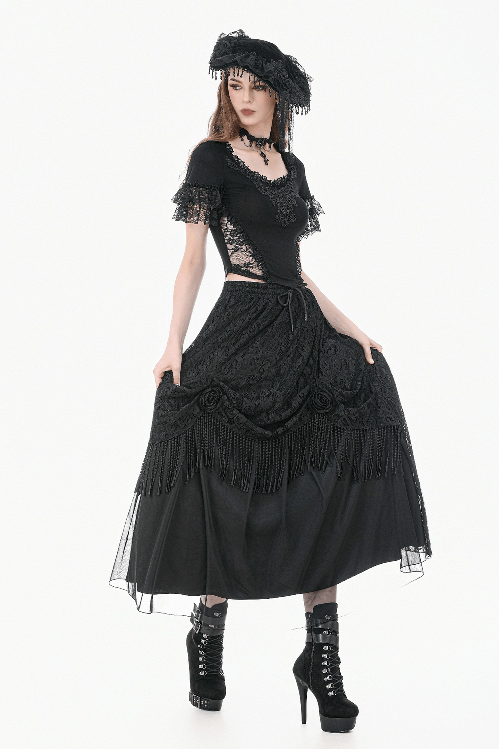 Black Gothic Lace Maxi Skirt With Beaded Fringe