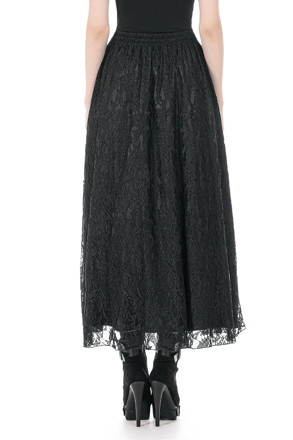 Black Gothic Lace Maxi Skirt With Beaded Fringe
