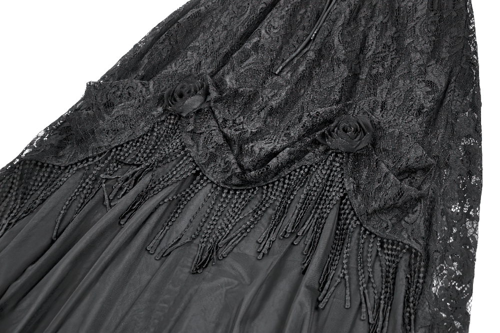 Black Gothic Lace Maxi Skirt With Beaded Fringe