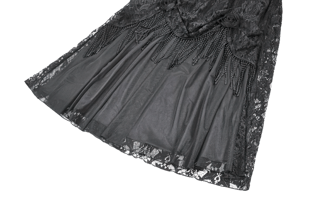 Black Gothic Lace Maxi Skirt With Beaded Fringe