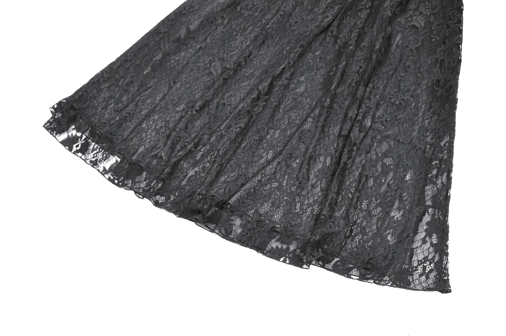 Black Gothic Lace Maxi Skirt With Beaded Fringe
