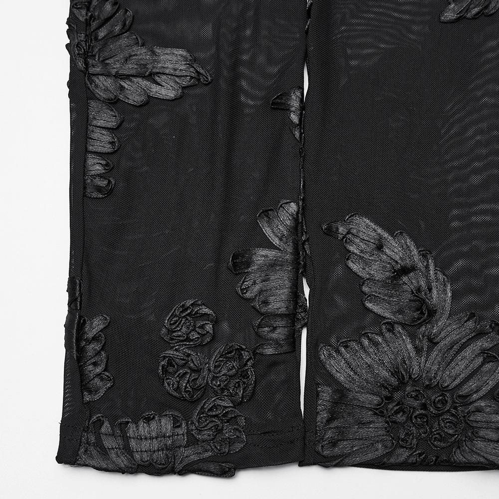 Black Gothic Lace Mesh Leggings with 3D Floral Design showcasing intricate floral details on sheer fabric.