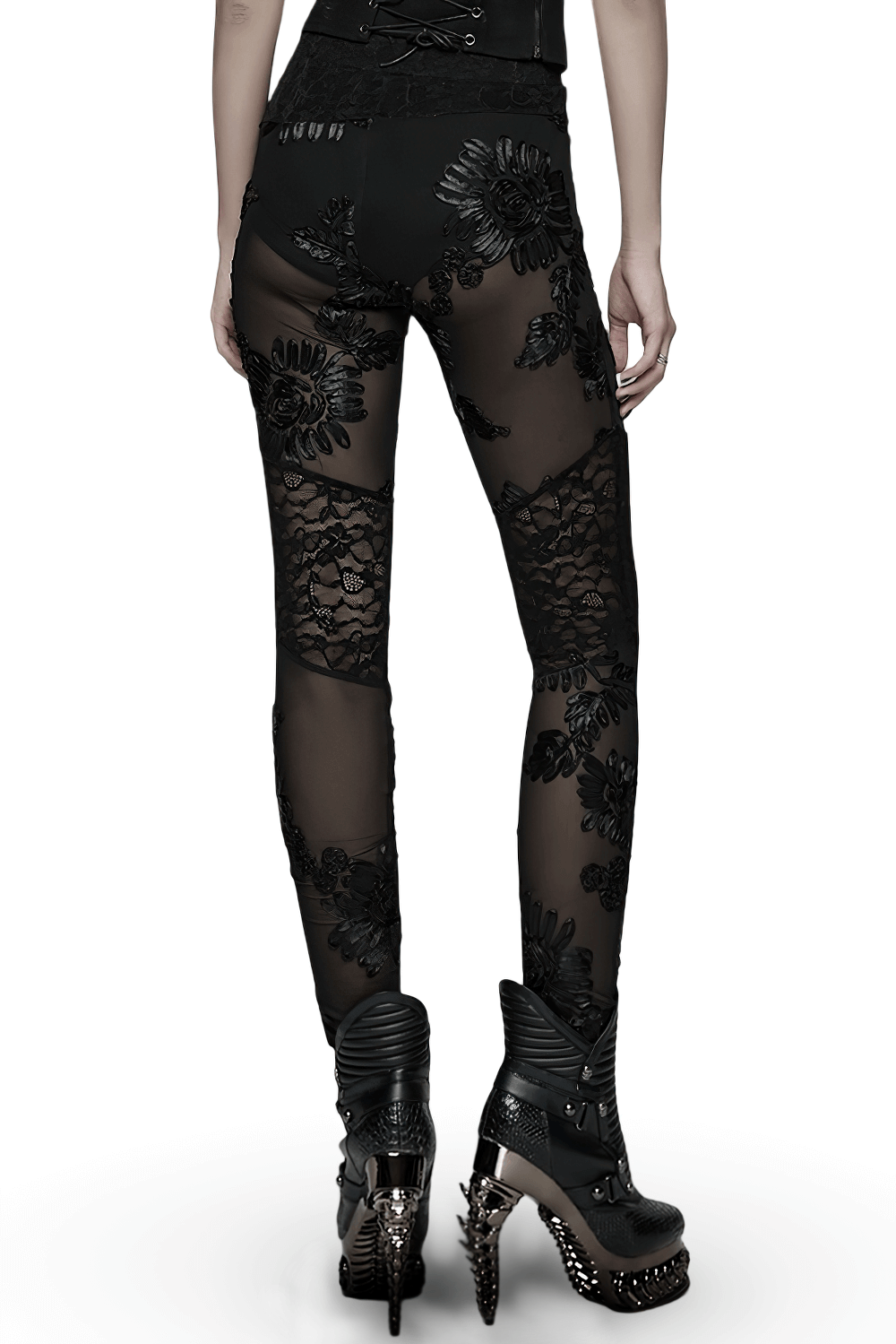 Black Gothic Lace Mesh Leggings with 3D Floral Design showcased from the back, displaying intricate floral patterns.