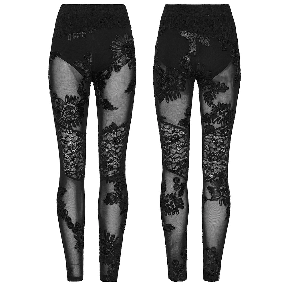 Black Gothic Lace Mesh Leggings with 3D Floral Design, showcasing sheer mesh and floral patterns for edgy style.