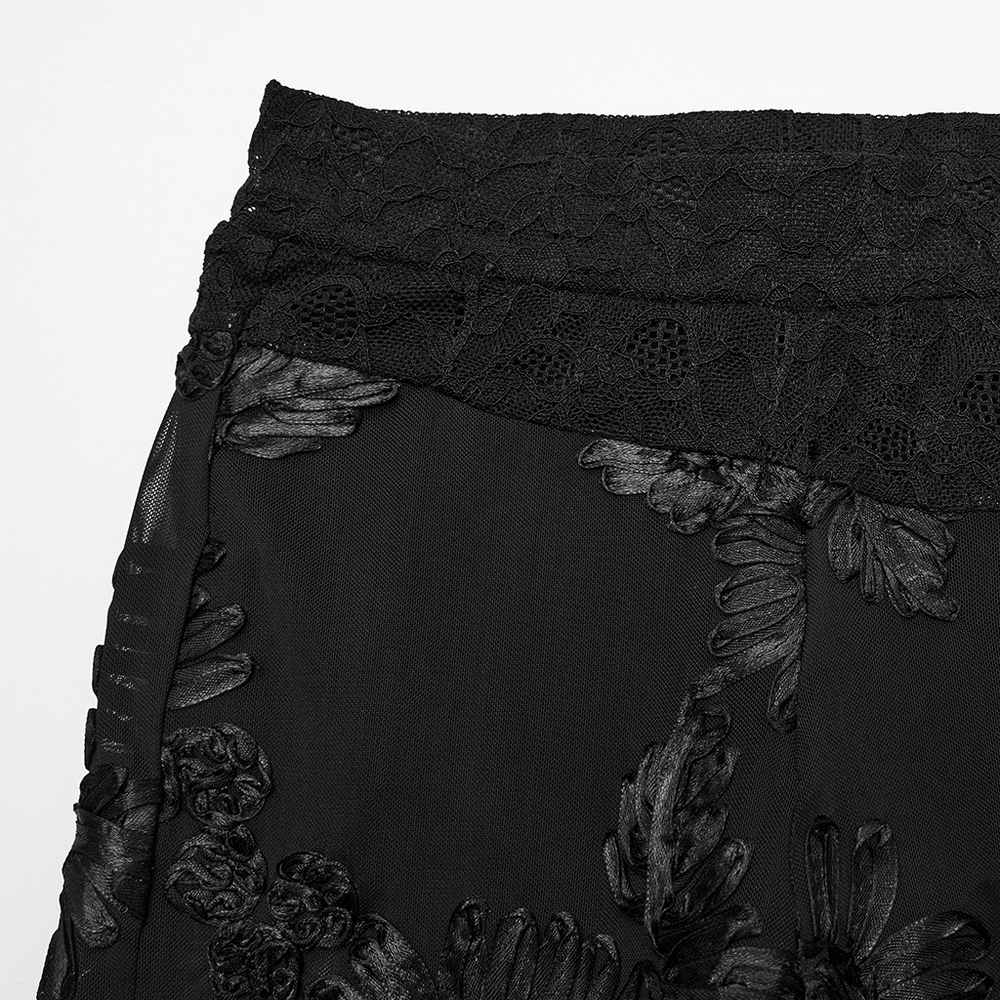 Black Gothic Lace Mesh Leggings with 3D Floral Design showcasing intricate lace and floral patterns.
