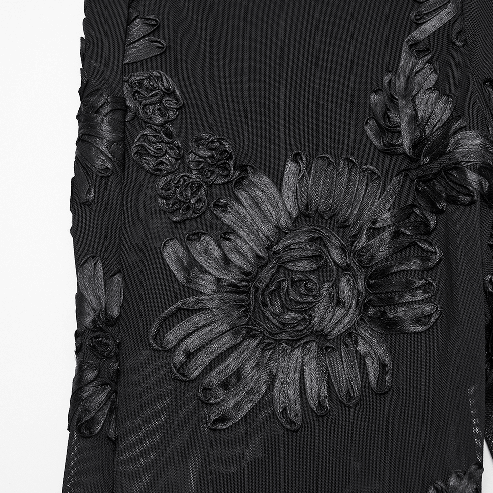 Black Gothic Lace Mesh Leggings with 3D Floral Design showcasing intricate floral details on sheer mesh.
