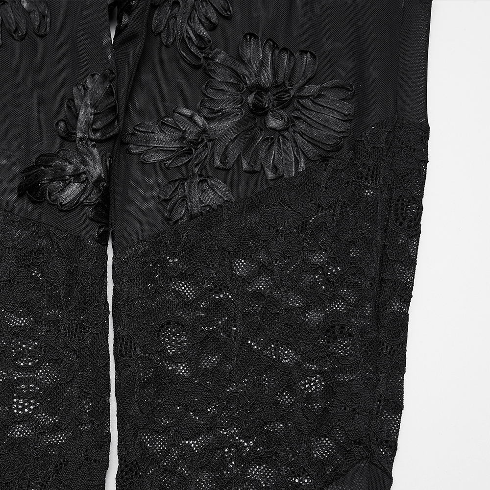 Black Gothic Lace Mesh Leggings with 3D Floral Design showcasing sheer floral details and intricate lace.