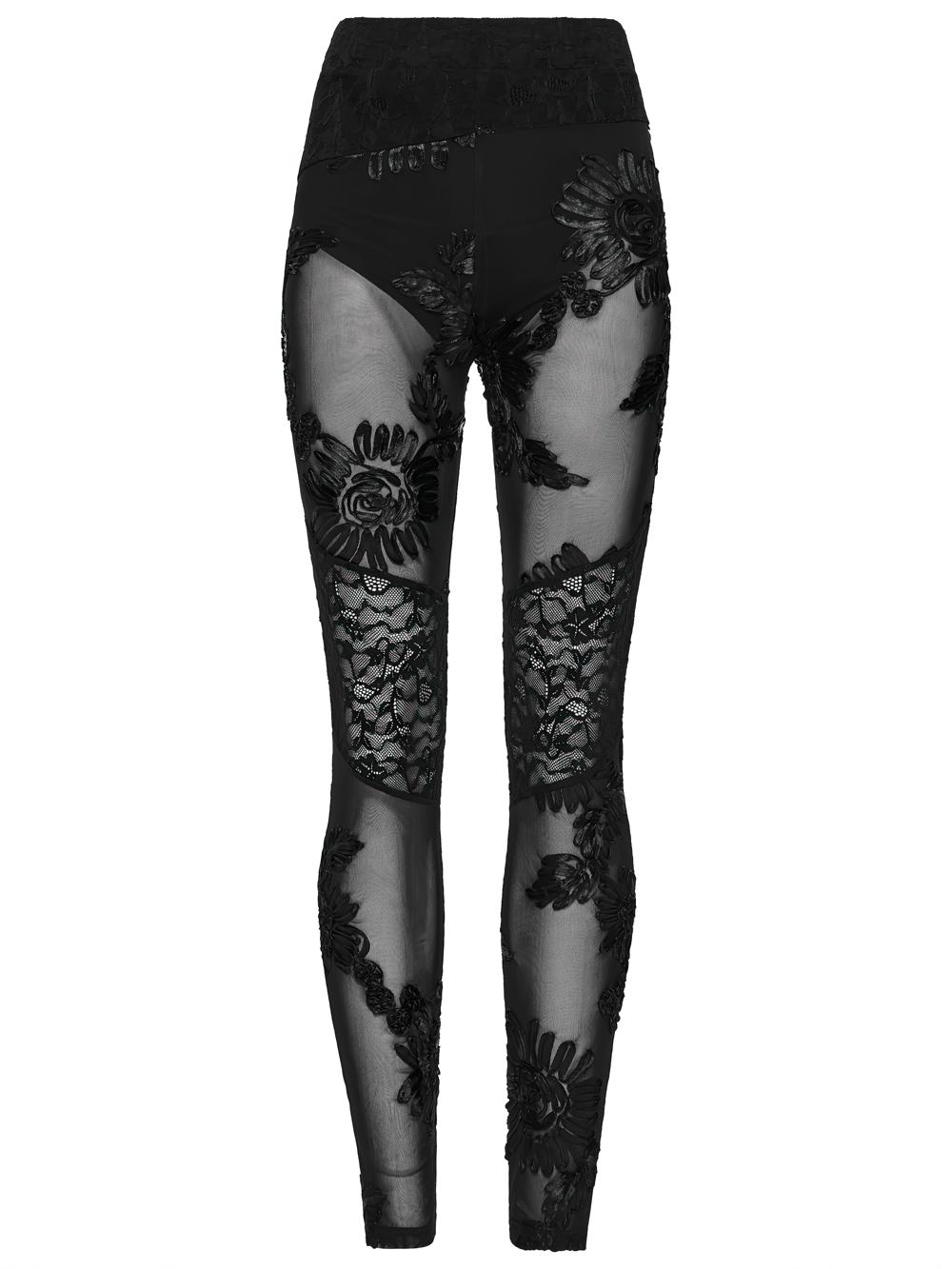 Black Gothic Lace Mesh Leggings with 3D Floral Design featuring sheer mesh and intricate floral patterns.