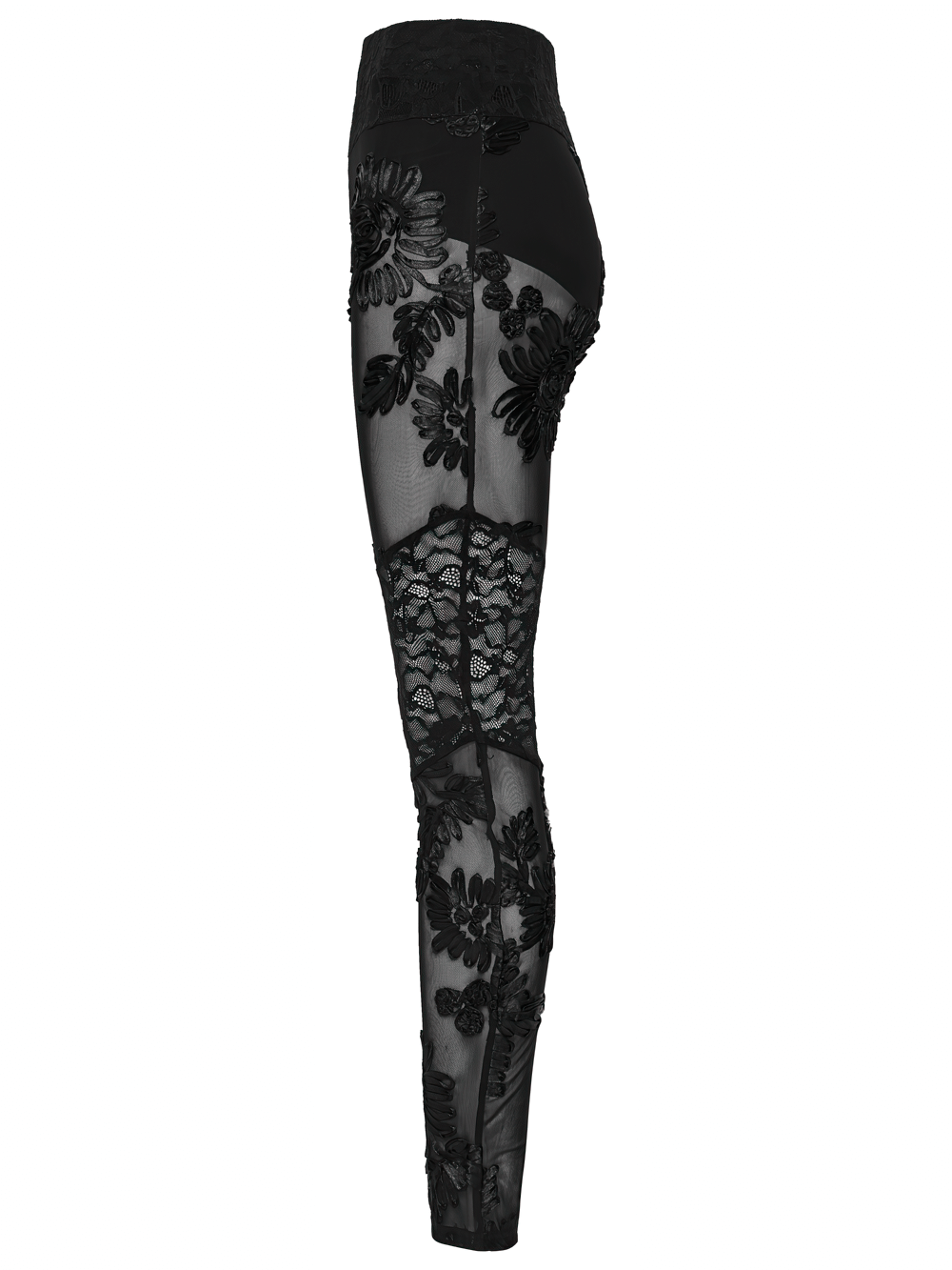Black Gothic Lace Mesh Leggings with 3D Floral Design showcasing sheer mesh and floral details.